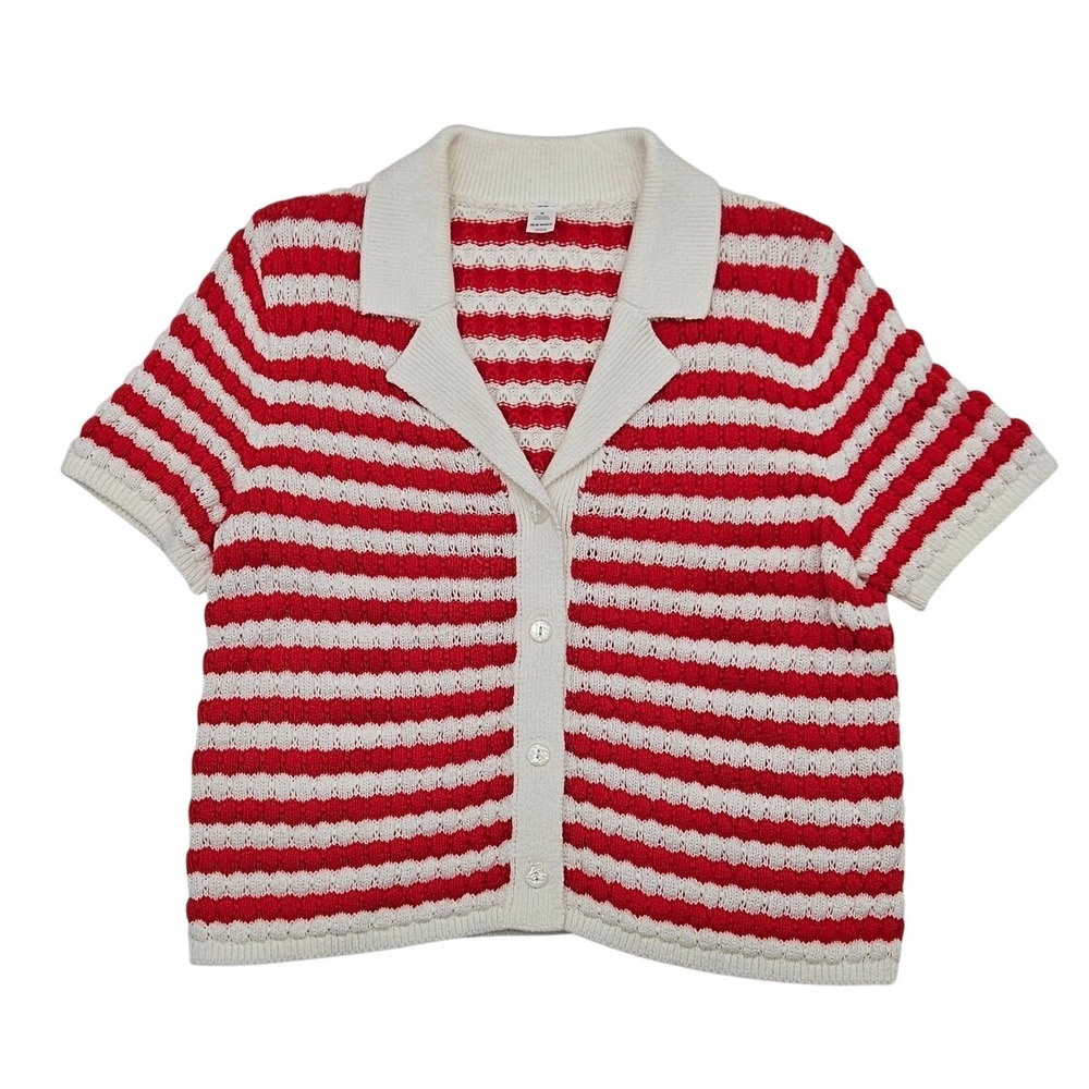 Old Navy Womens Red White Striped Popcorn Knit Short Sleeve Button Cardigan M